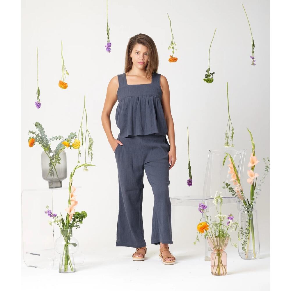 Known Supply Oaklee Organic Cotton Lead Gray Square Neck Gauzy Top S Minimalist